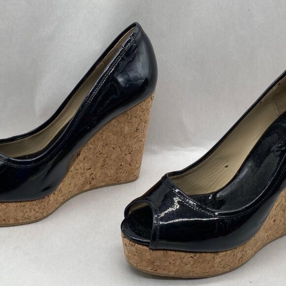 Jimmy Choo Black Patent Leather Peep Toe Cork Wedge Heels - Picture 4 of 8